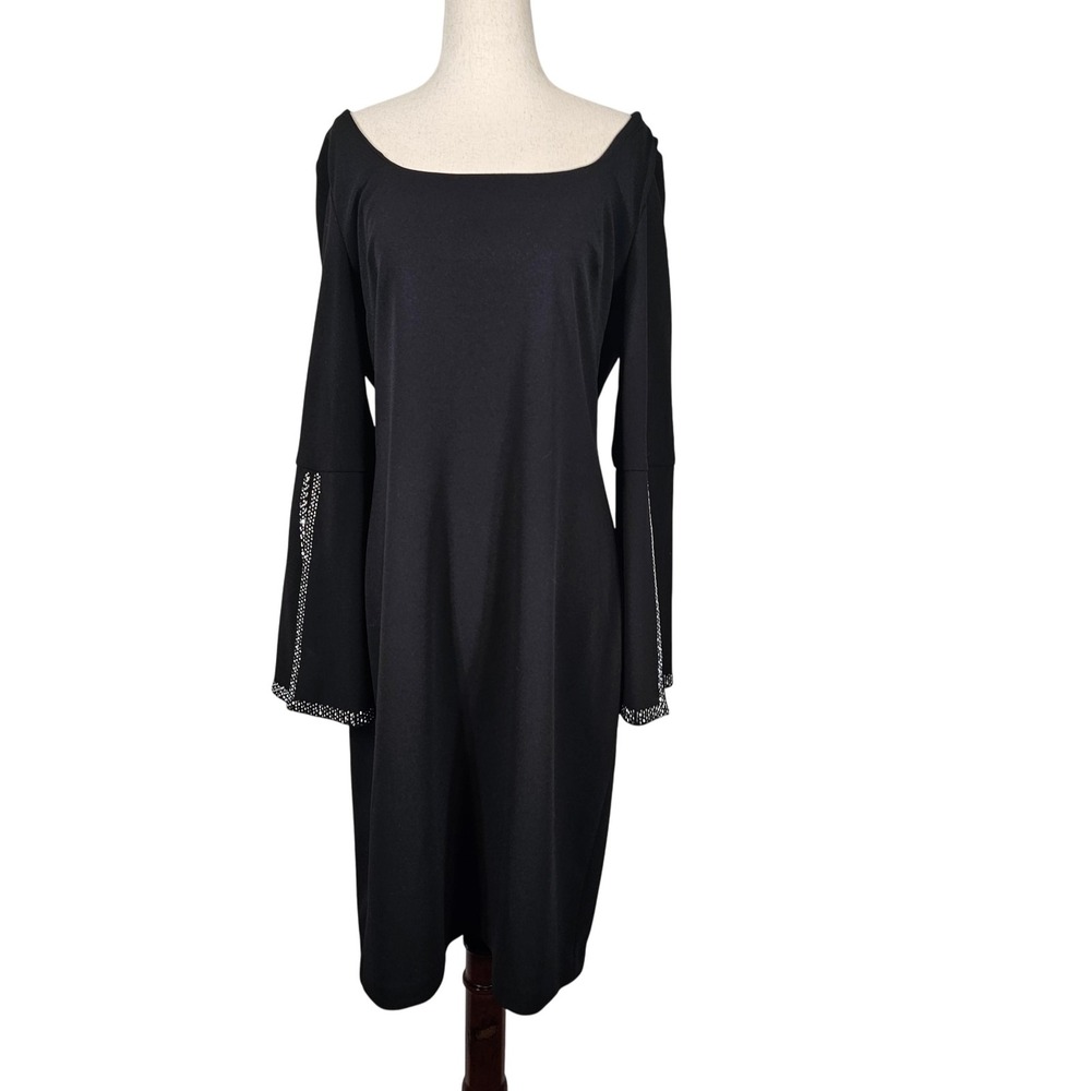 Calvin Klein Dress Womens 14 Black Bell Sleeve Rhinestone Trim Stretch‎ Sheath